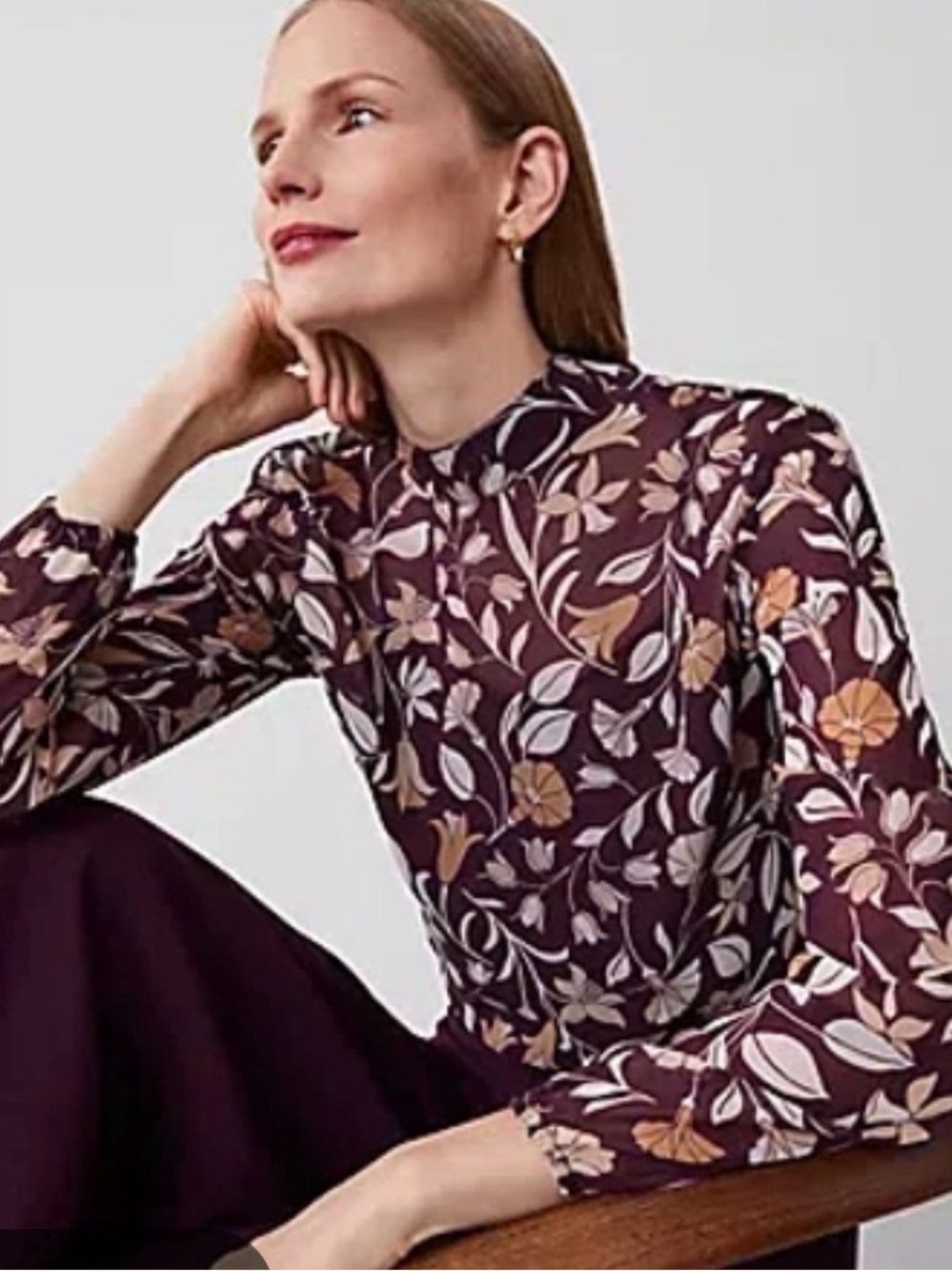 Ann Taylor Plum Floral High-Neck Blouse